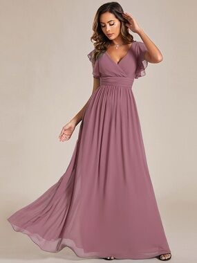 Ever Pretty Purple Pink Mauve Ruffle Sleeve Modest Maxi Chiffon Dress Size 6 Med